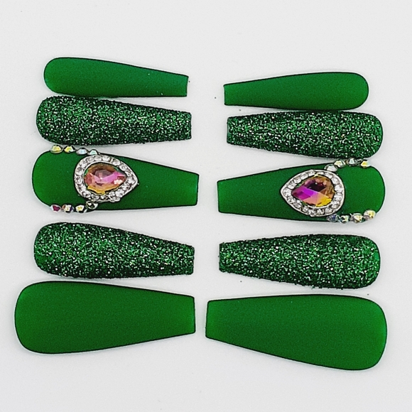 Matte Green Rhinestone Press on Nails - Picture 4 of 7